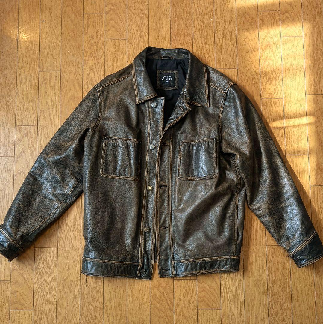 ZARA ブラウン レザーシングルライダースジャケット