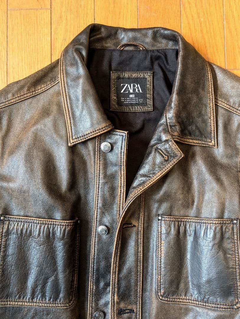 ZARA ブラウン レザーシングルライダースジャケット