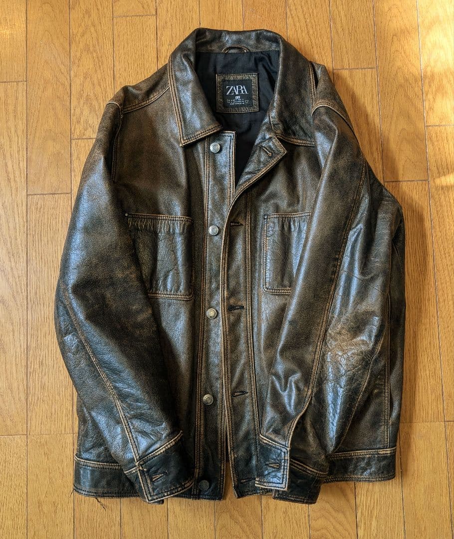 ZARA ブラウン レザーシングルライダースジャケット