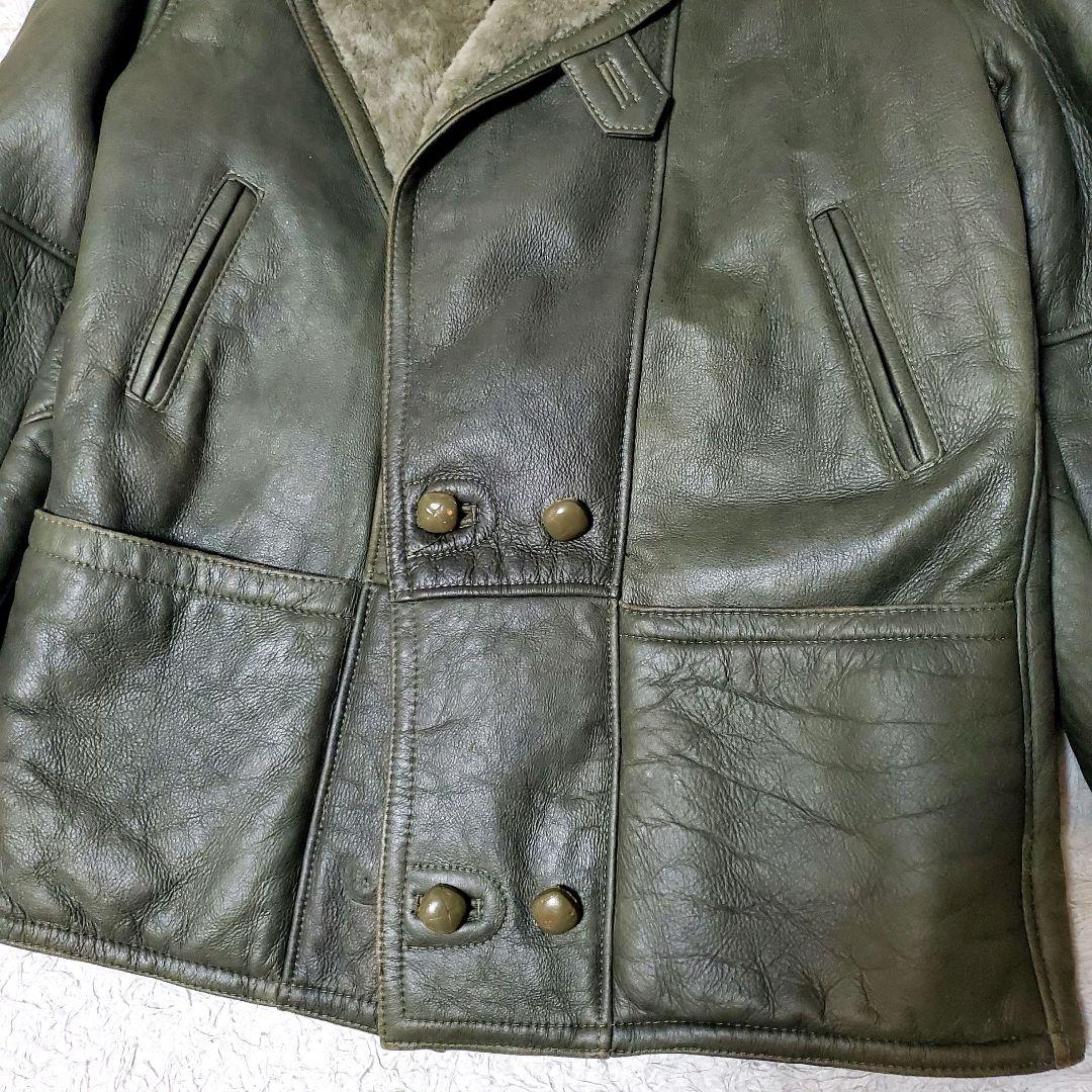 希少サイズ XL ムートンコート ダブル ビンテージ カーキ 羊革 50
