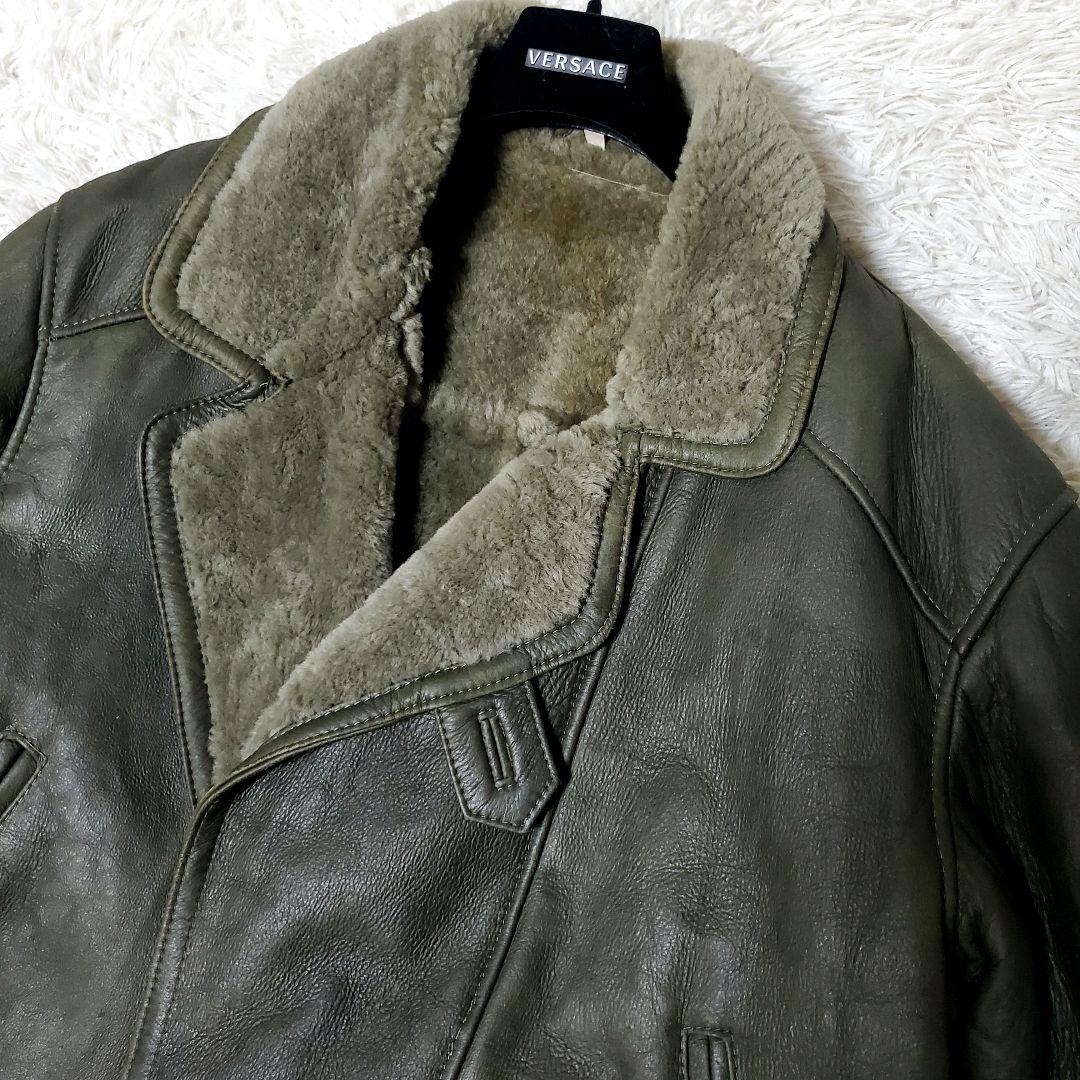 希少サイズ XL ムートンコート ダブル ビンテージ カーキ 羊革 50