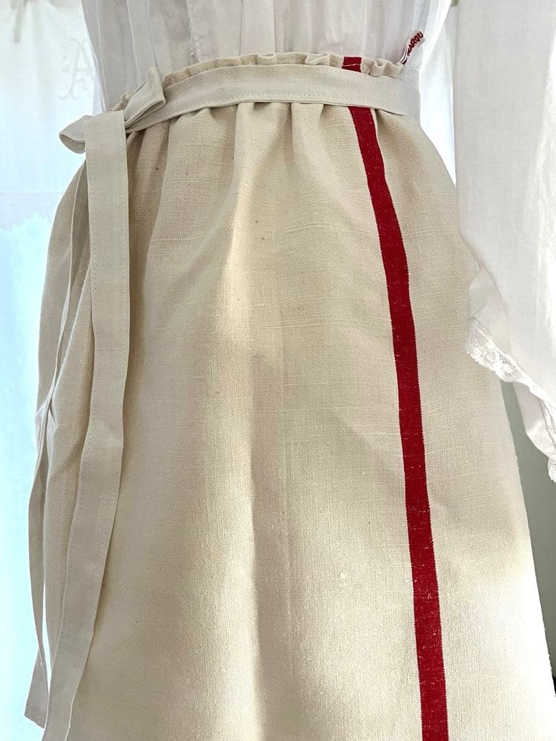 【美品】フランスアンティーク 赤ライン ギャルソンエプロン[350.1793]