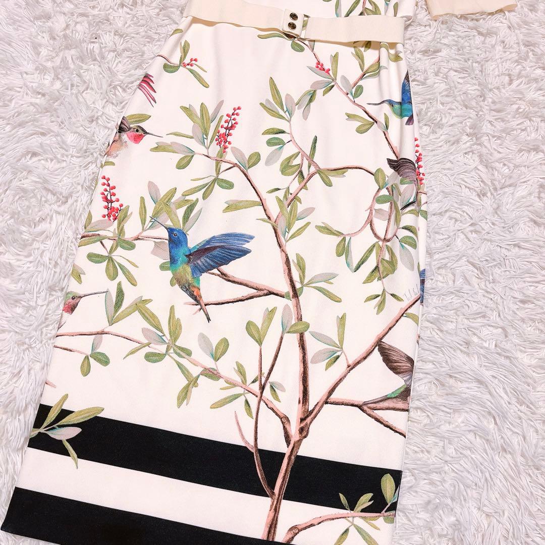 TED BAKER ボタニカル バード ペンシル ドレス ワンピース タイト 白