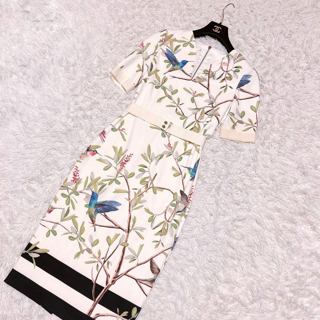 TED BAKER ボタニカル バード ペンシル ドレス ワンピース タイト 白
