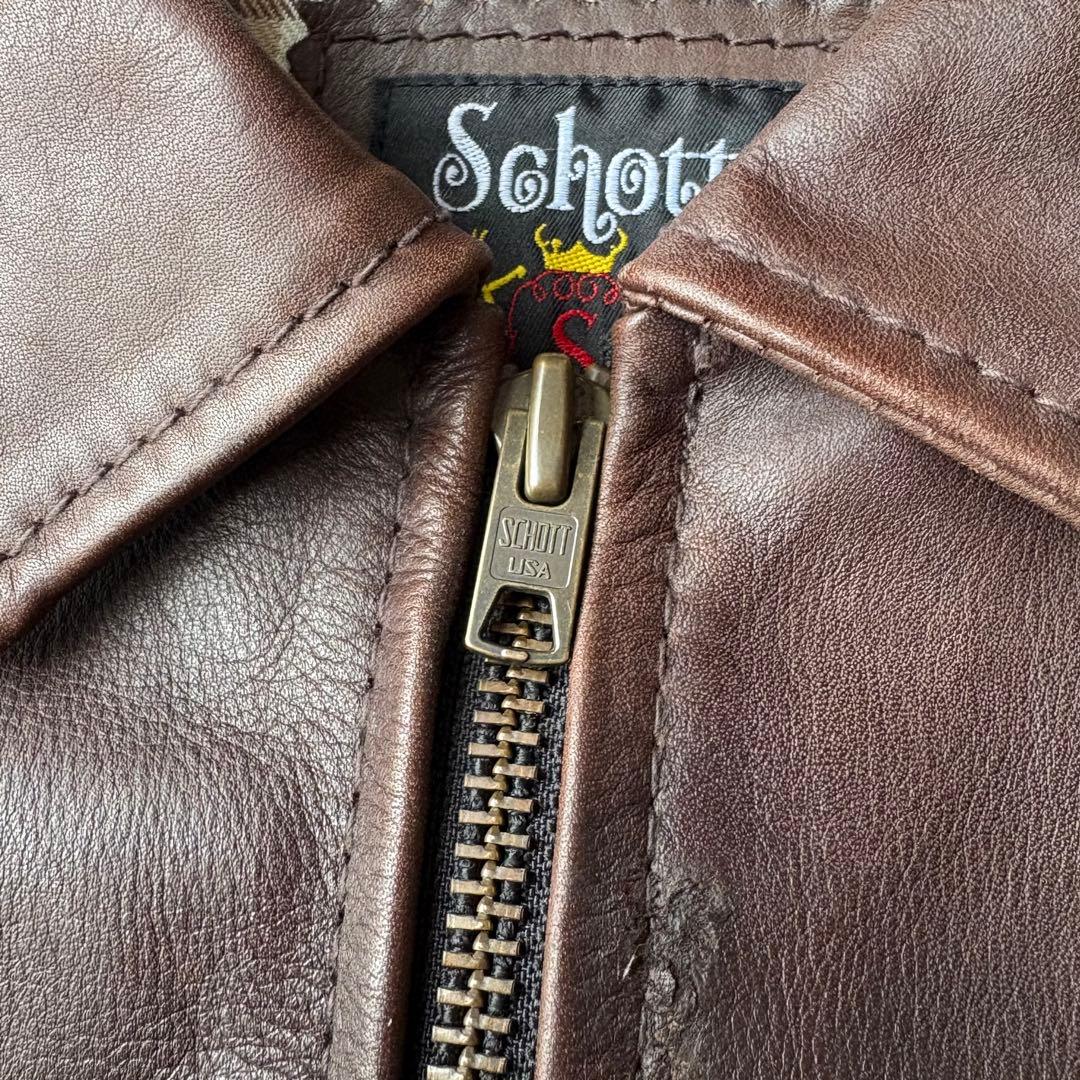 Schott シングルライダース カウハイドレザー 牛革 裏地チェック ブラウン