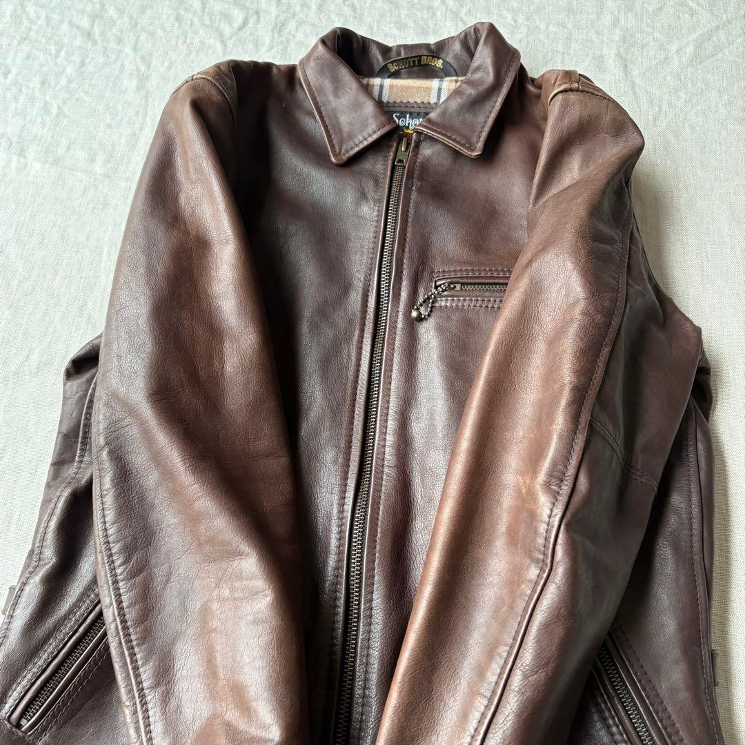 Schott シングルライダース カウハイドレザー 牛革 裏地チェック ブラウン