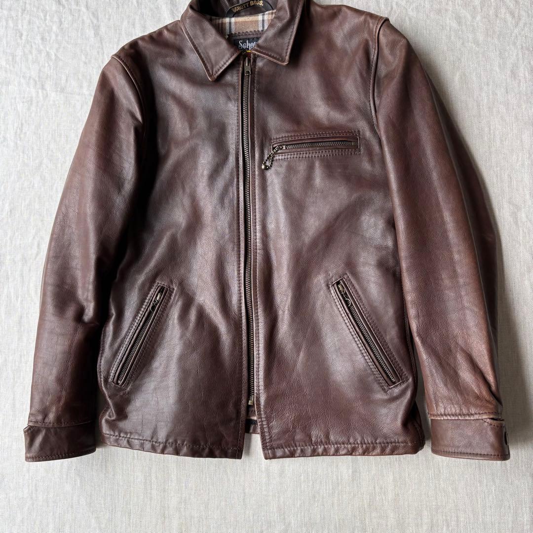 Schott シングルライダース カウハイドレザー 牛革 裏地チェック ブラウン