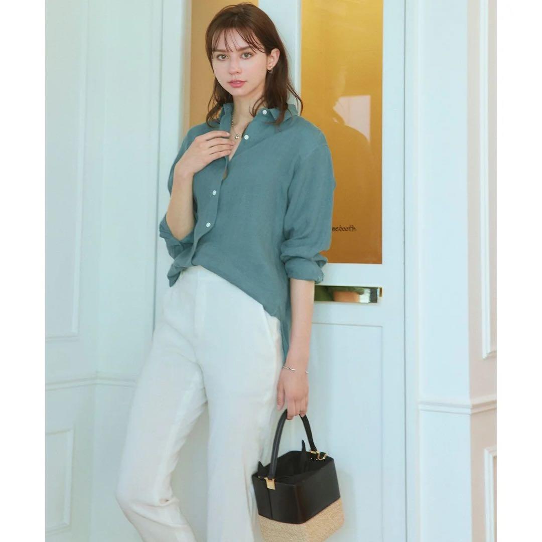 極美品 23区 LIBECO ベーシック シャツ リネン 大きいサイズ 50 緑