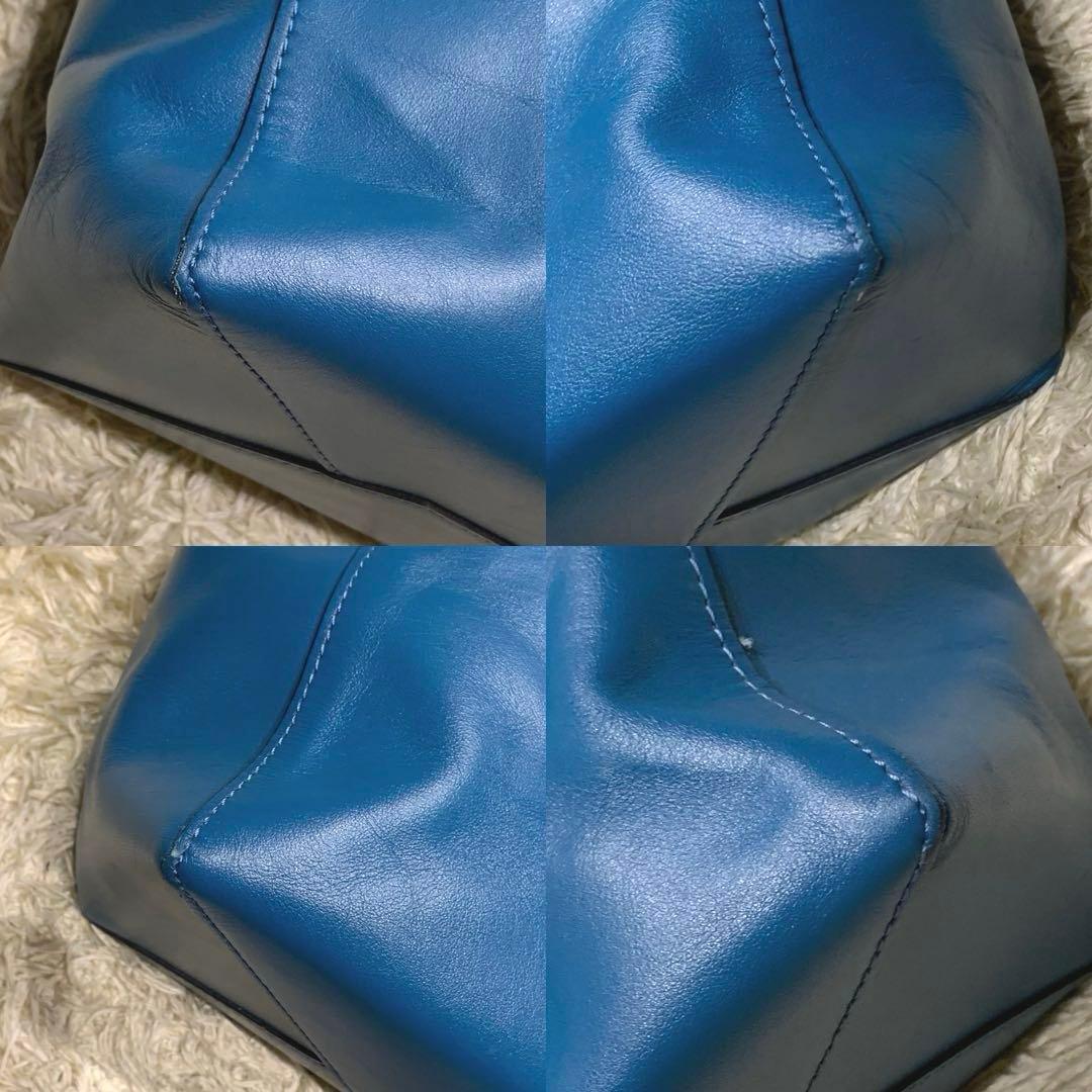 美品✨フジタカ ショッパー トートバッグ レザーロゴ型押し A4可 ブルー