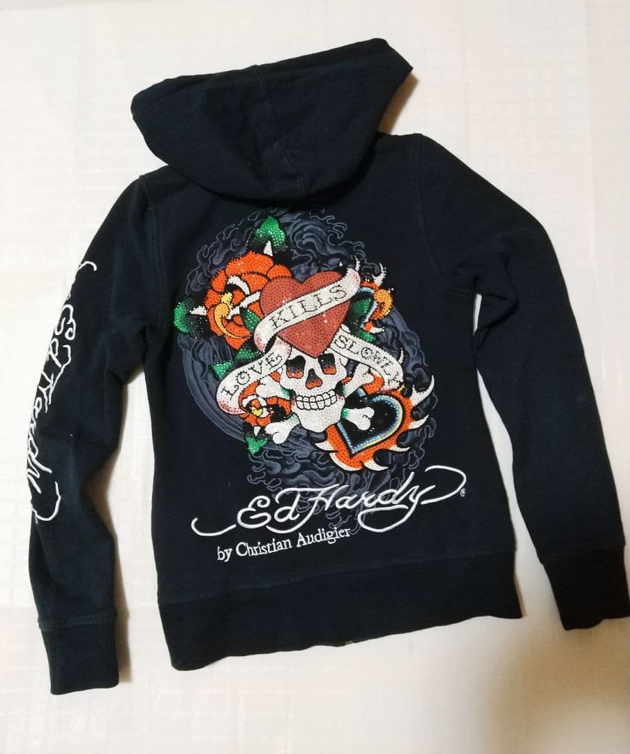 Ed Hardy ラブキルスカル刺繍 ラインストーン付きフルジップパーカー