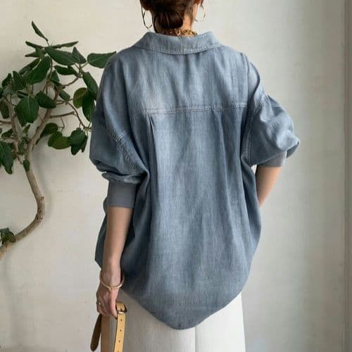 【一度のみ着用】25SS DouDou 袖リブシアーデニムシャツ サックス