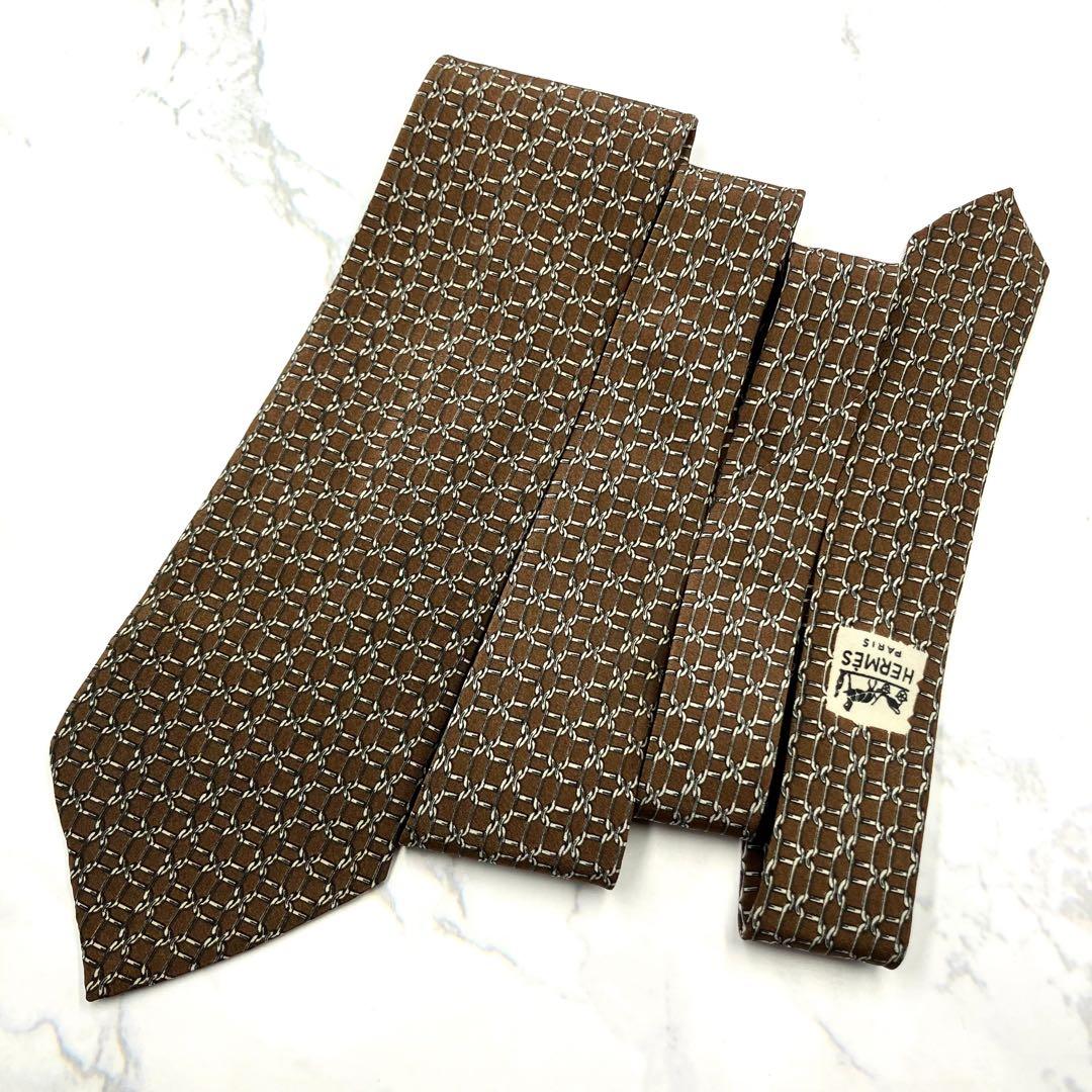 ◆美品◆HERMES エルメス ネクタイ 茶色 格子柄 ヴィンテージ