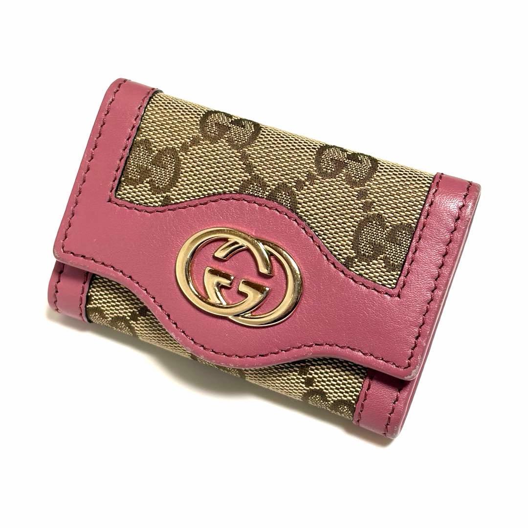 GUCCI キーケース GGキャンバス レザー ピンク 6連フック 箱付き