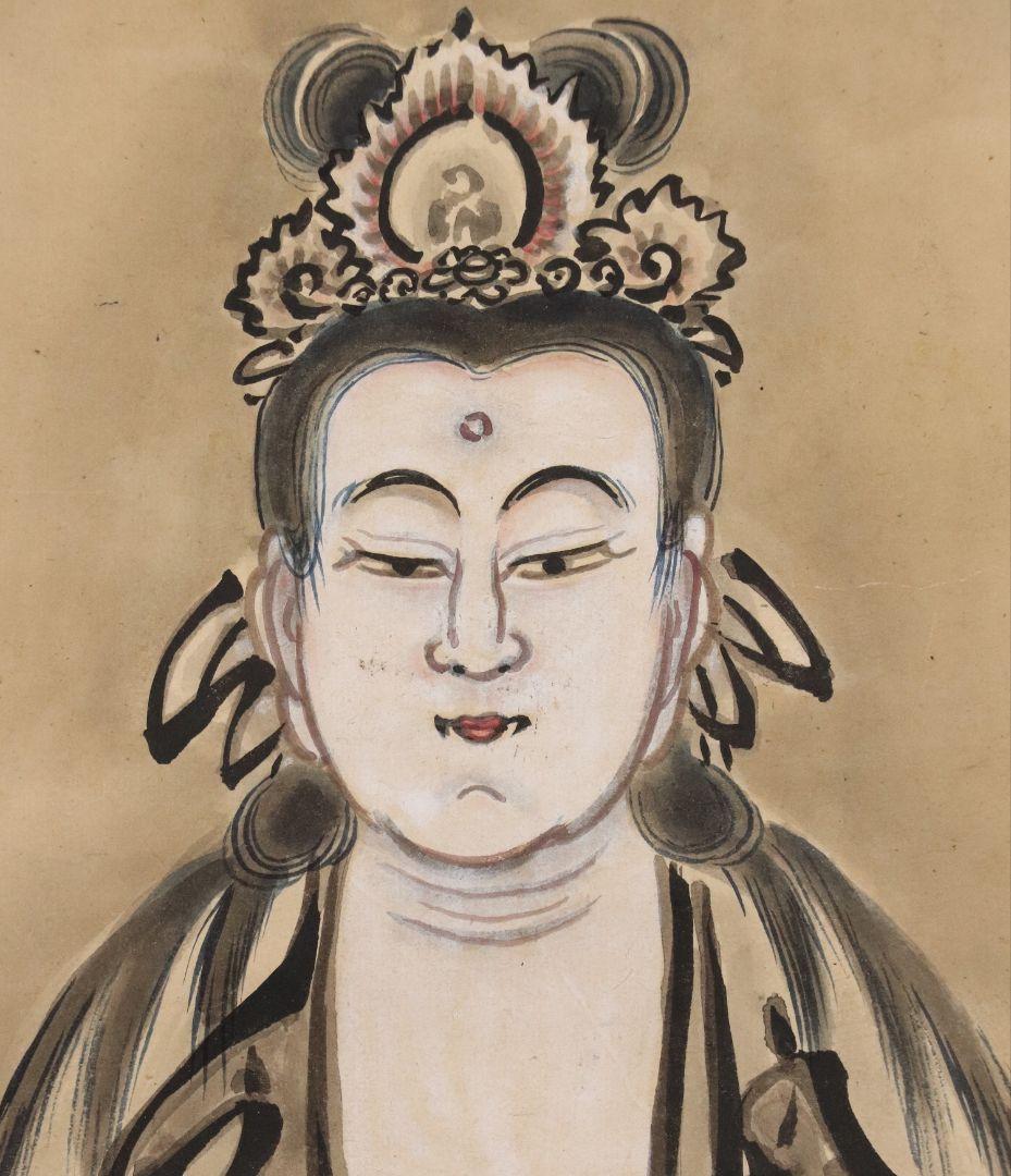 【模写】日本画 仏画 龍頭観音像 紙本 掛け軸 月〇銘 桐箱 水墨画 MA72
