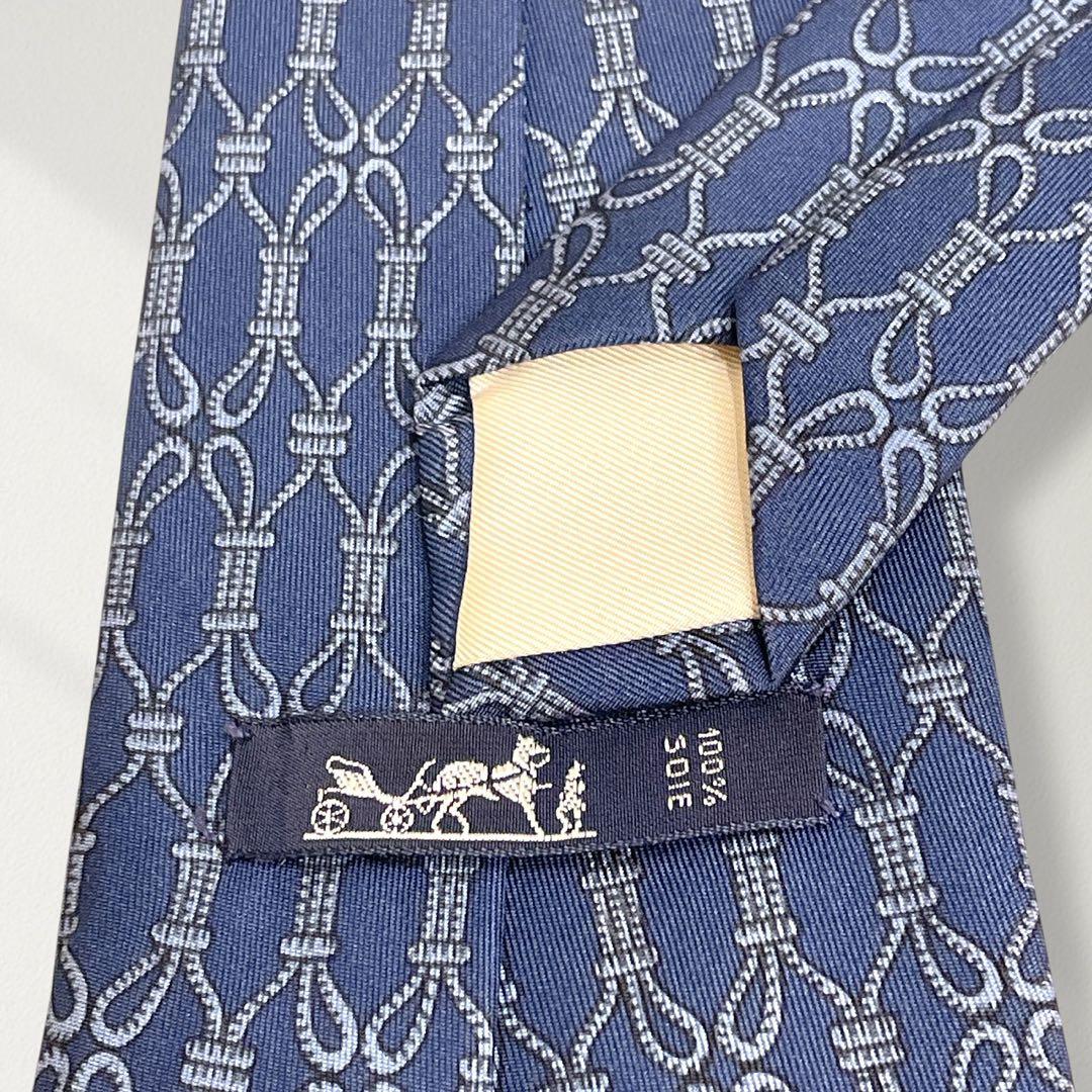 HERMES ネクタイ ロープノット柄 紺 総柄 シルク100% 上品 ビジネス