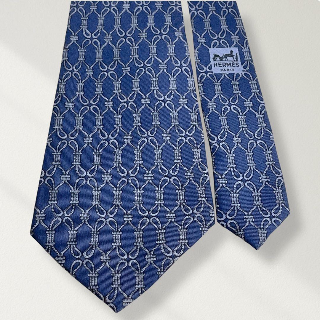 HERMES ネクタイ ロープノット柄 紺 総柄 シルク100% 上品 ビジネス