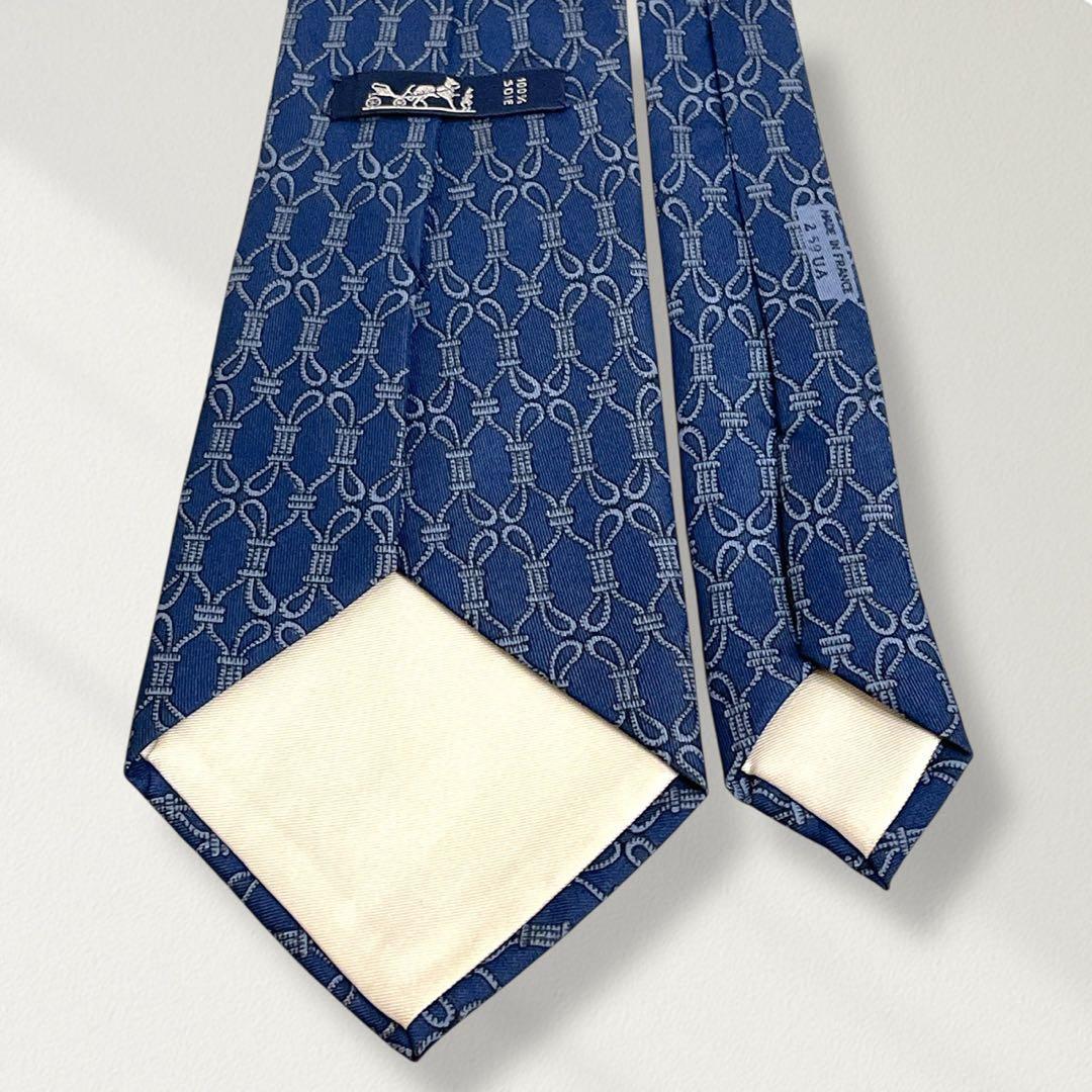 HERMES ネクタイ ロープノット柄 紺 総柄 シルク100% 上品 ビジネス