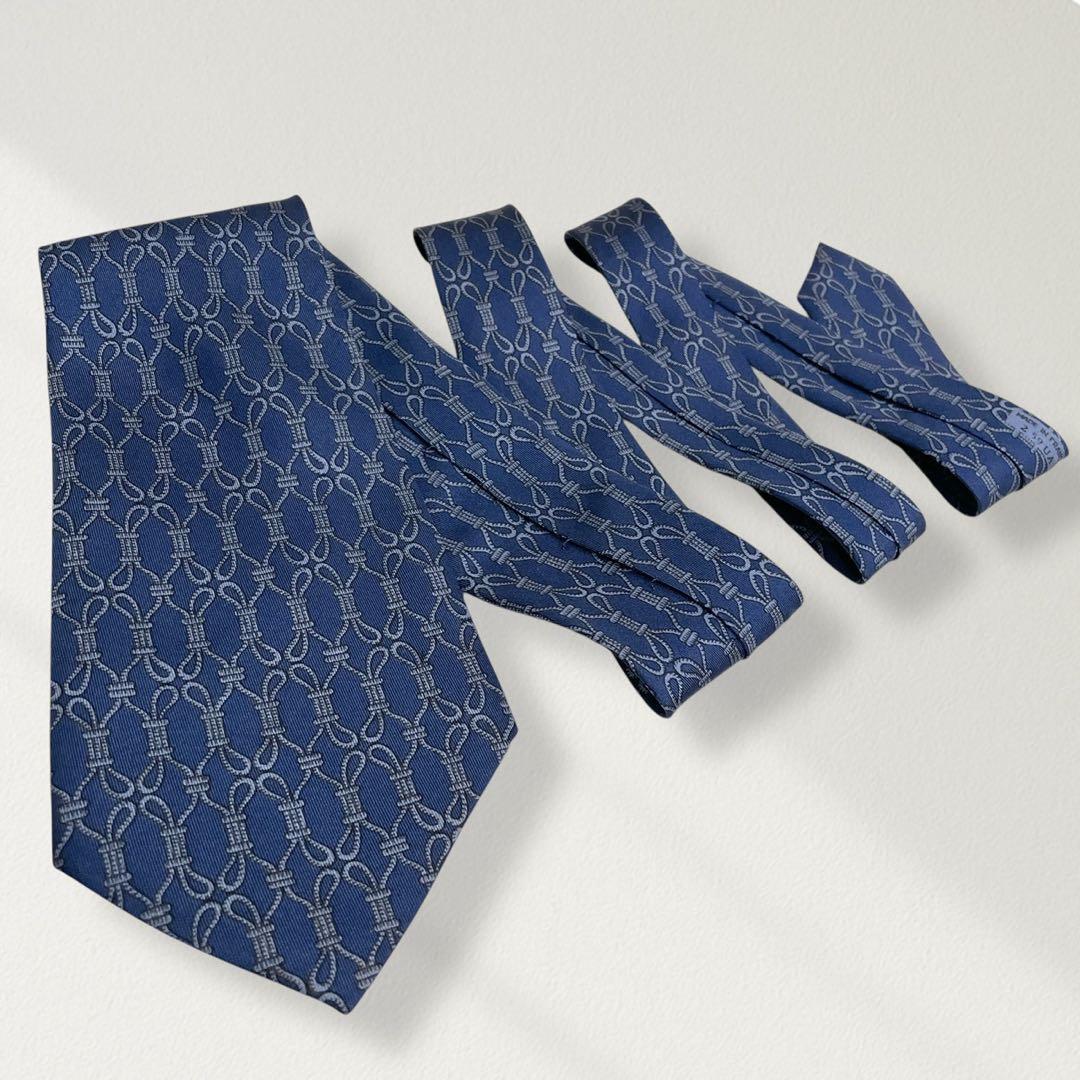 HERMES ネクタイ ロープノット柄 紺 総柄 シルク100% 上品 ビジネス