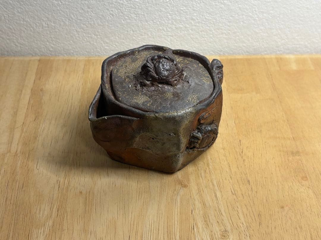 122. 備前焼 宝瓶 登り窯 カニとタニシ 蟹 貝 六角 手びねり 急須