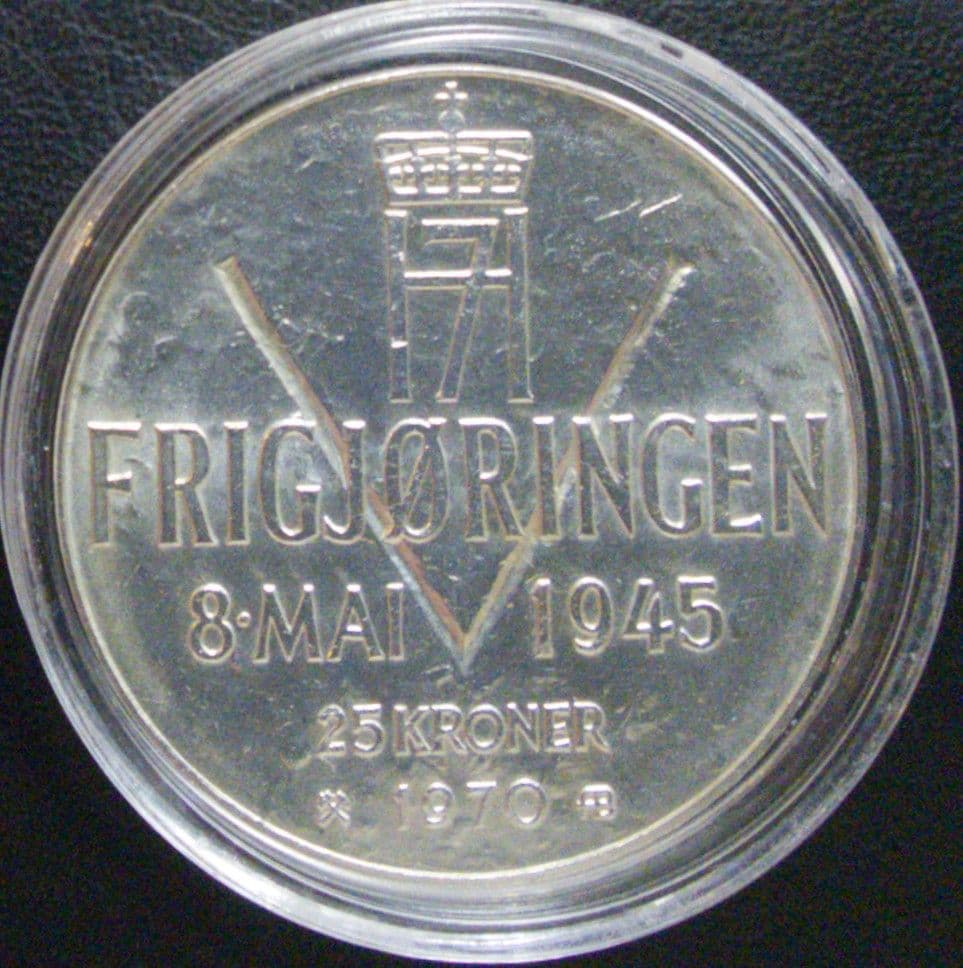 1970年 ノルウェー銀貨 25クローネ 開放25周年記念銀貨SV875大型銀貨