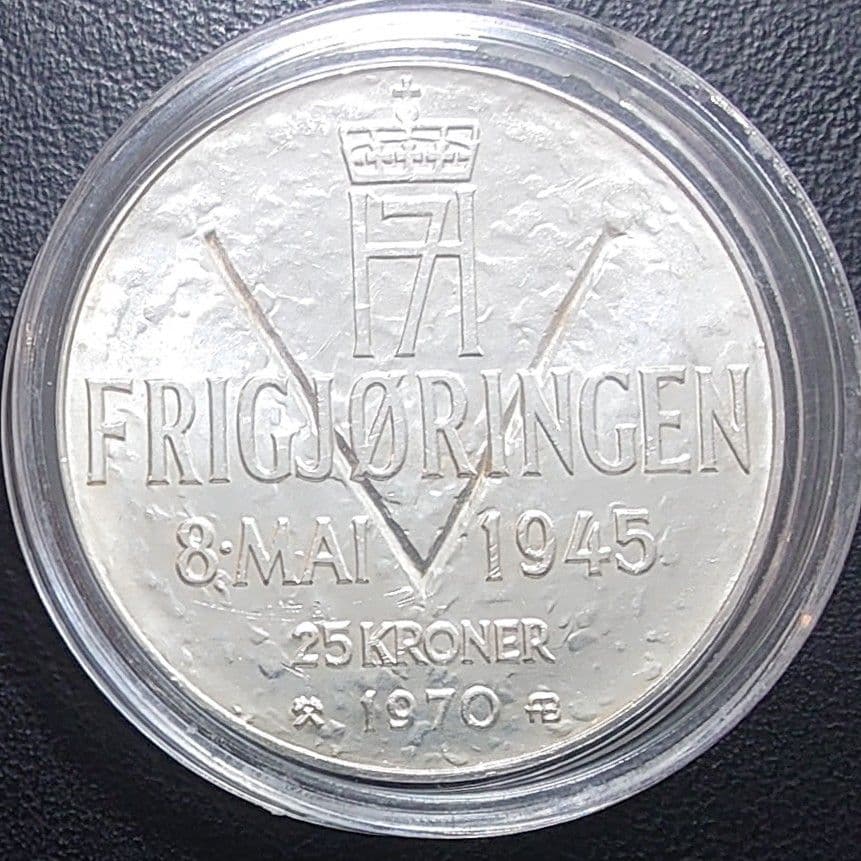 1970年 ノルウェー銀貨 25クローネ 開放25周年記念銀貨SV875大型銀貨