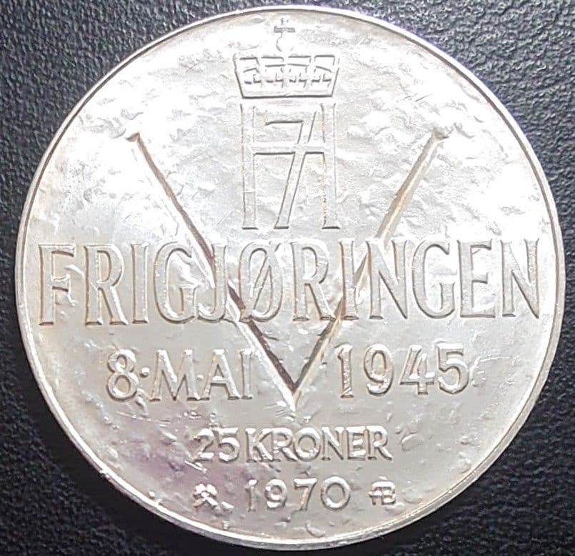1970年 ノルウェー銀貨 25クローネ 開放25周年記念銀貨SV875大型銀貨