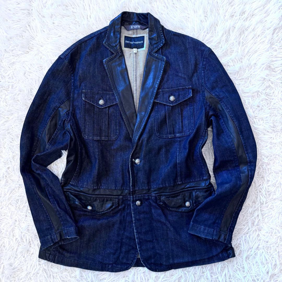 トモ様【高級感】エンポリオアルマーニ デニム レザー ストレッチ ジャケット L