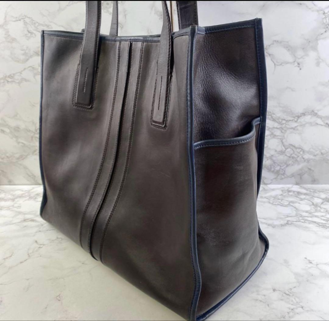 TOD'S ダブルストライプ トートバッグ A4収納可能 ダークブラウン