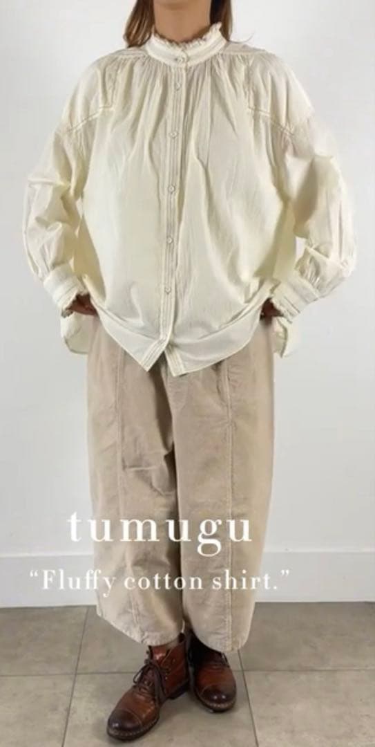 新品 tumugu ⿻ ふわふわコットンシャツ 刺繍レース ナチュラル フリル
