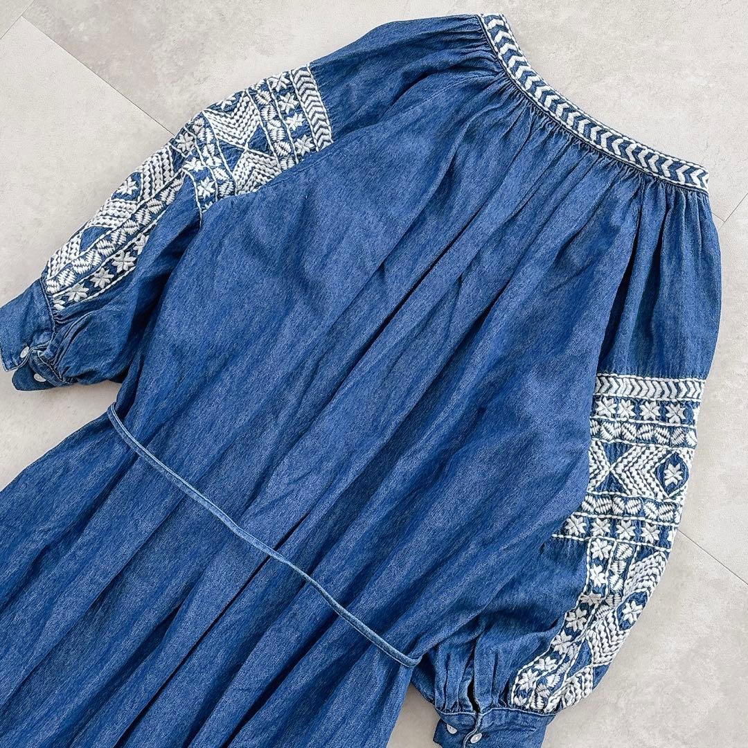 美品 グレースクラス 定価3.1万 デニム刺繍ワンピース ボリューム袖 七分袖