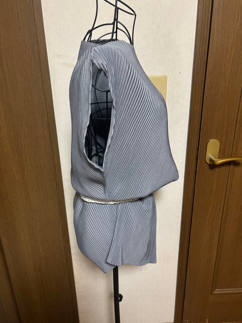 ストライプ グレー 半袖ワンピース ベルト付き