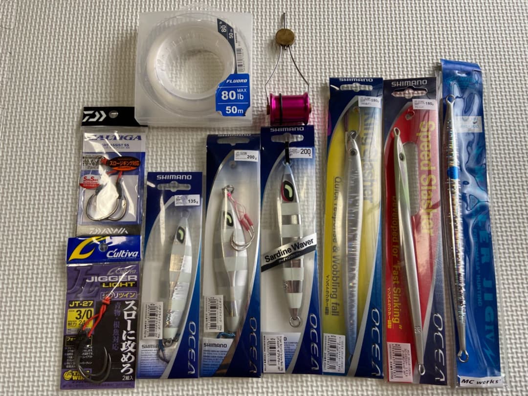 送料無料　ジギングセット　ジグ6本、フック2つ、リーダー、ノットアシスト　ボビン