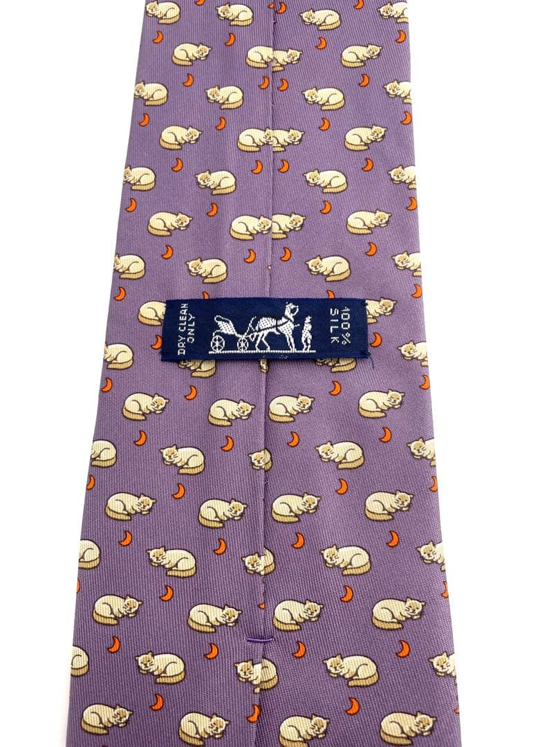 美品 エルメス ネクタイ ハイブランド 動物 ネコ 猫 高級 パープル レア