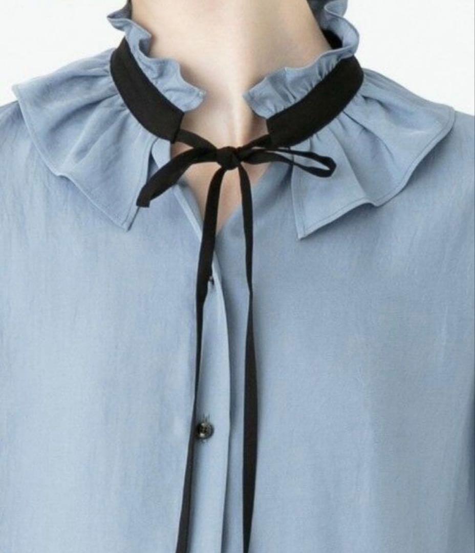 allureville Ｍサイズ　アセテートツイル配色タイブラウス　サックス