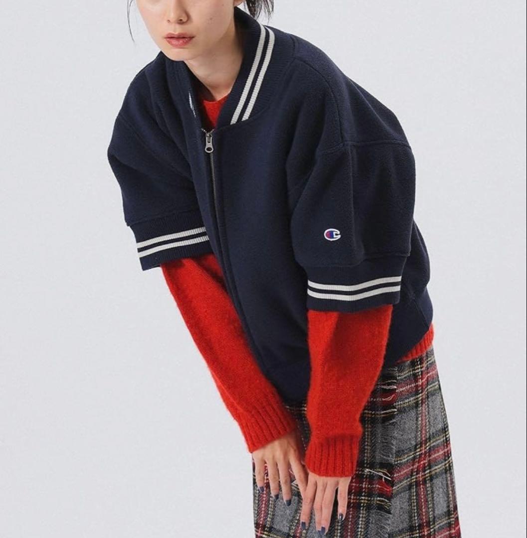 BEAMSBOY×Champion別注ブルゾン 極美品 ジップアップ半袖ネイビー