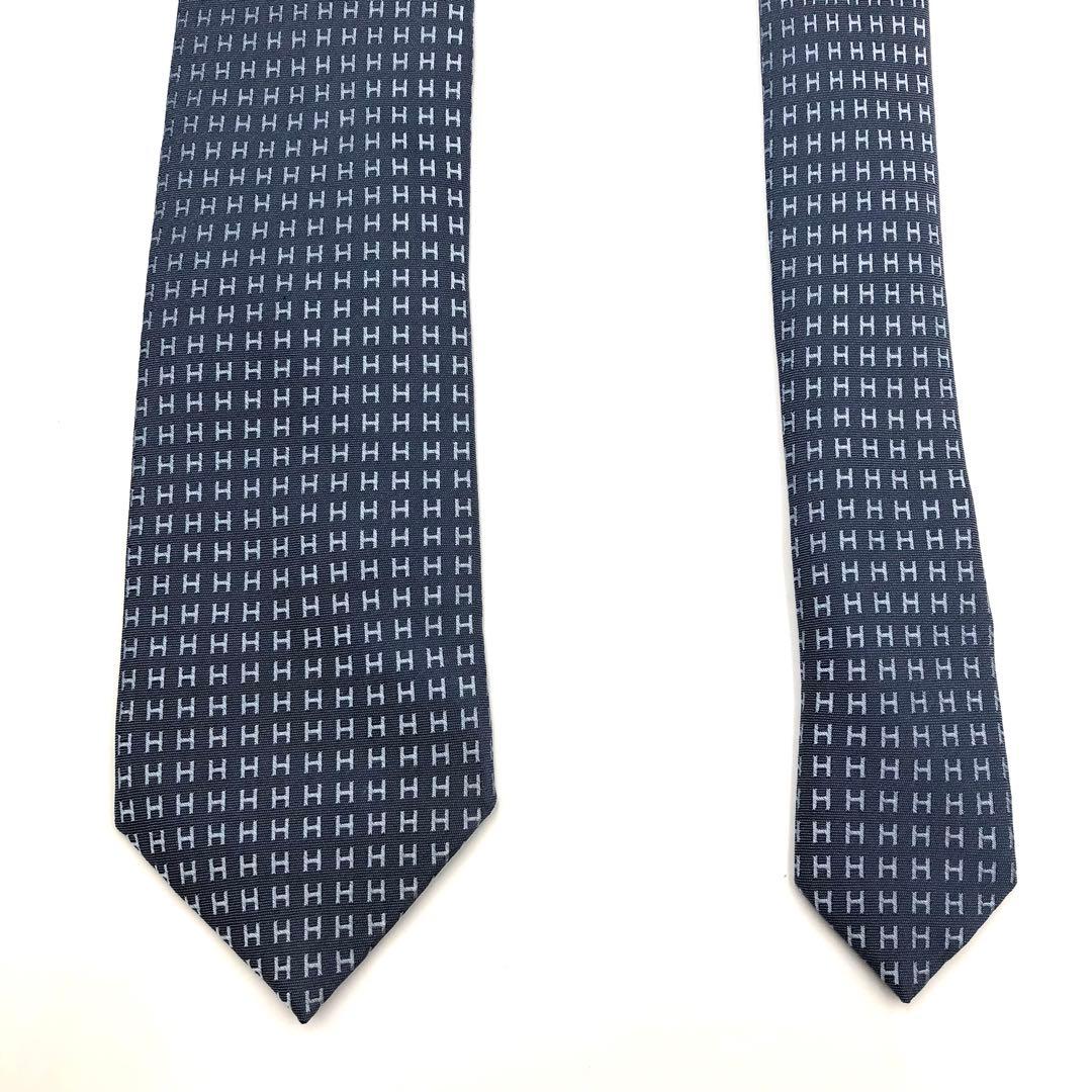 【美品】HERMES ネクタイ ファソネ H織 H柄 ブルーグレー