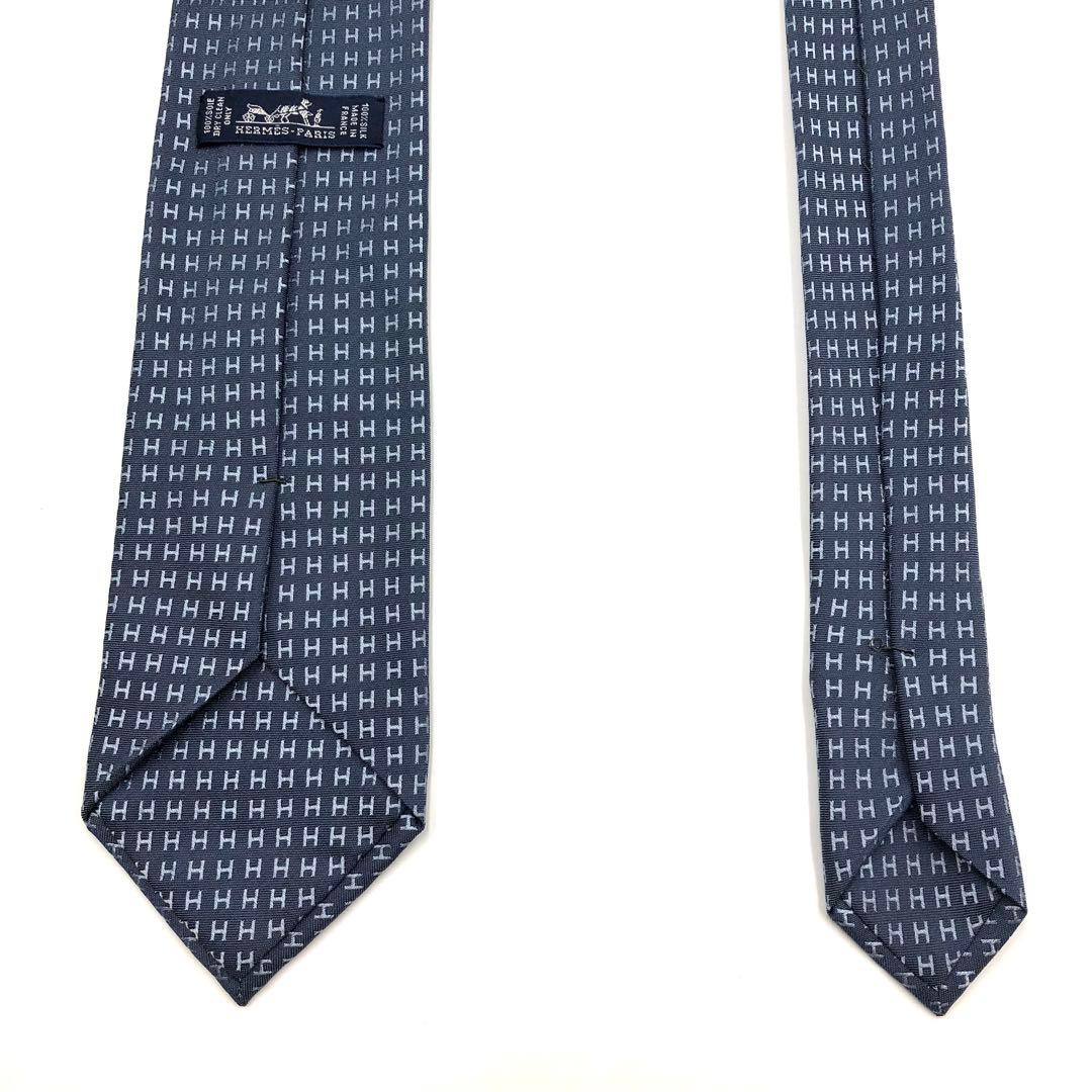 【美品】HERMES ネクタイ ファソネ H織 H柄 ブルーグレー