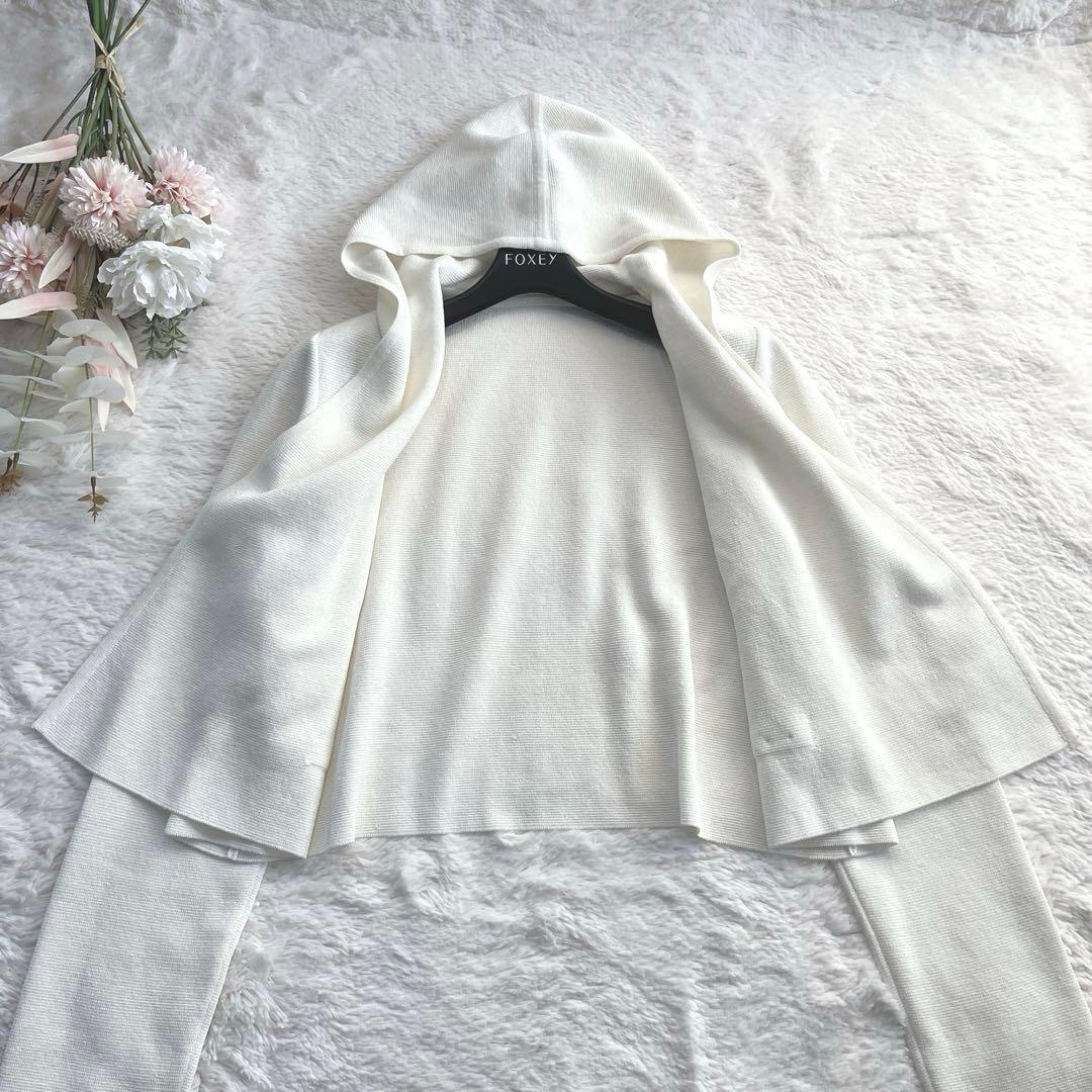極美品✨FOXEY フォクシー　フーディー　リネン　カーディガン　ロゴプレートF