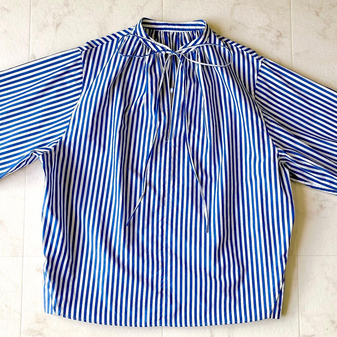 美品.定価2.3万☆ウィムガゼット スキッパーカラー リボンブラウス ストライプ