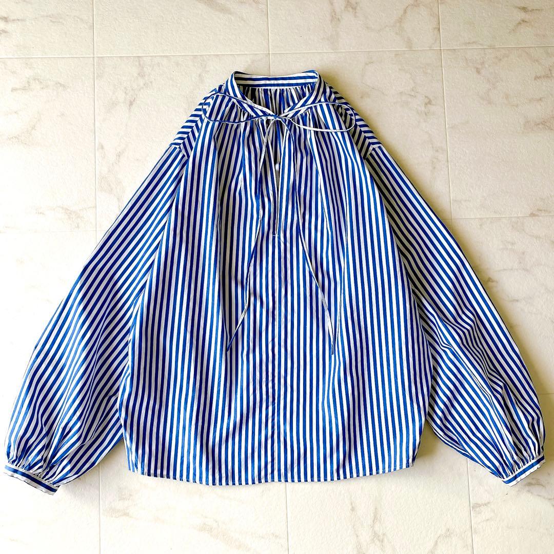 美品.定価2.3万☆ウィムガゼット スキッパーカラー リボンブラウス ストライプ