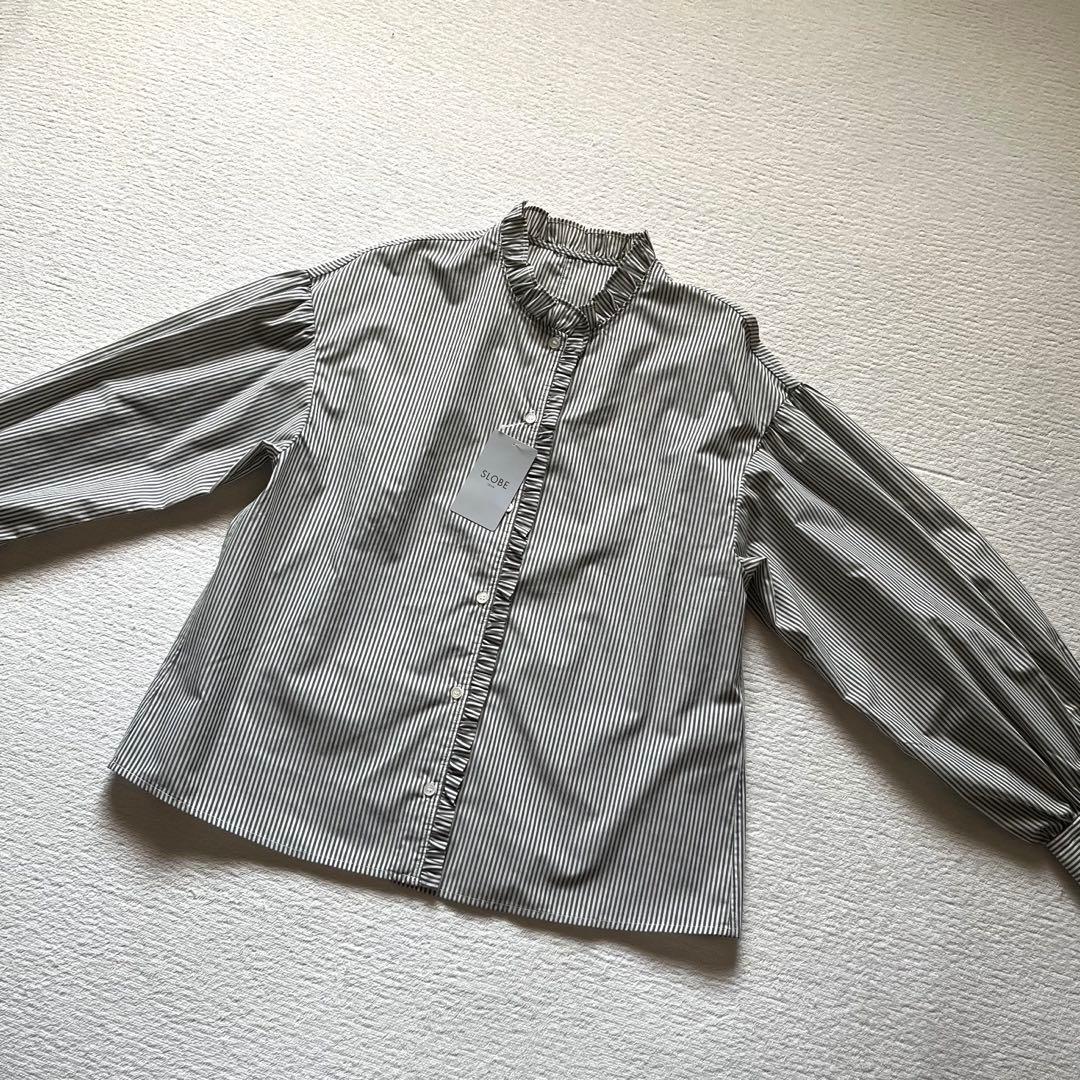 新品未使用 25SS スローブイエナ ミニフリル ブラウス グレー ストライプ