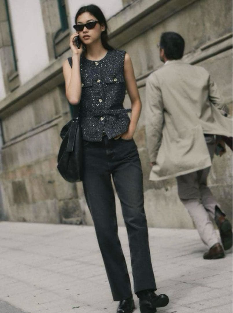 ✨美品❤️✨ZARA テクスチャーベスト ジレ ツイード ベルト 金ボタン M