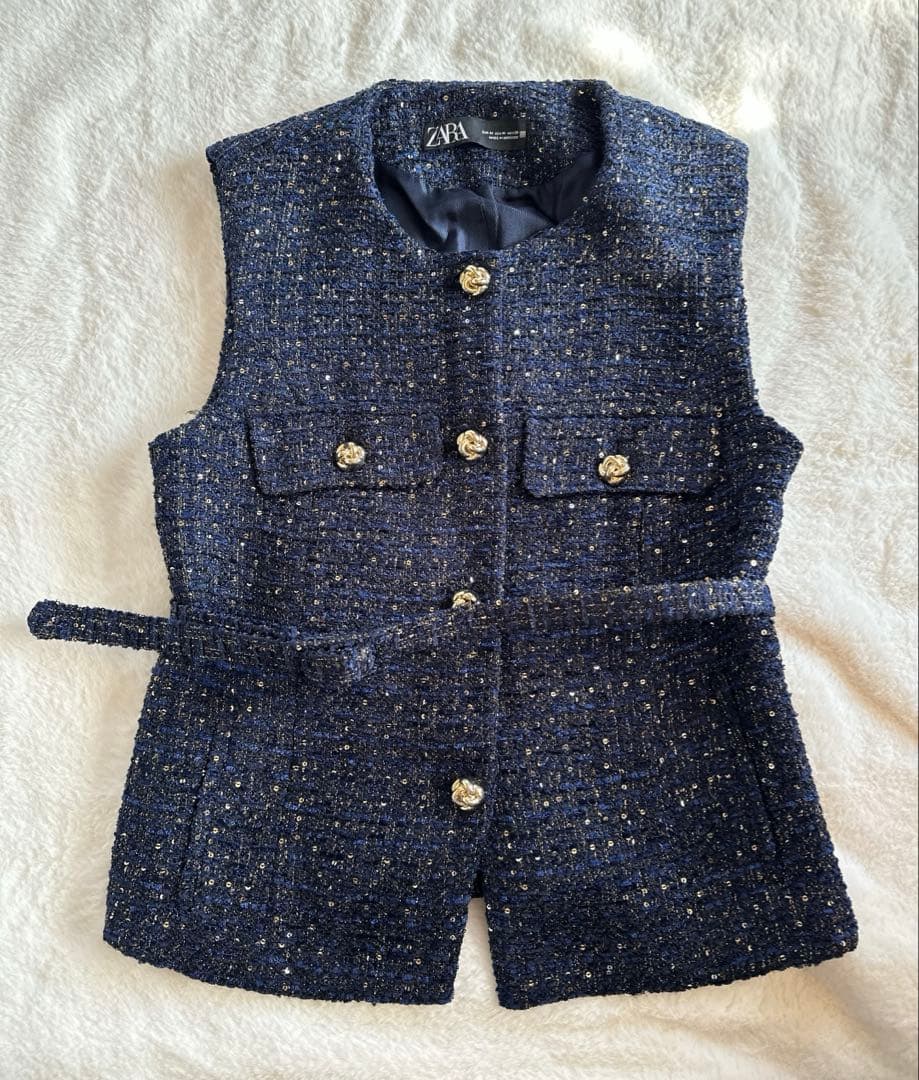 ✨美品❤️✨ZARA テクスチャーベスト ジレ ツイード ベルト 金ボタン M