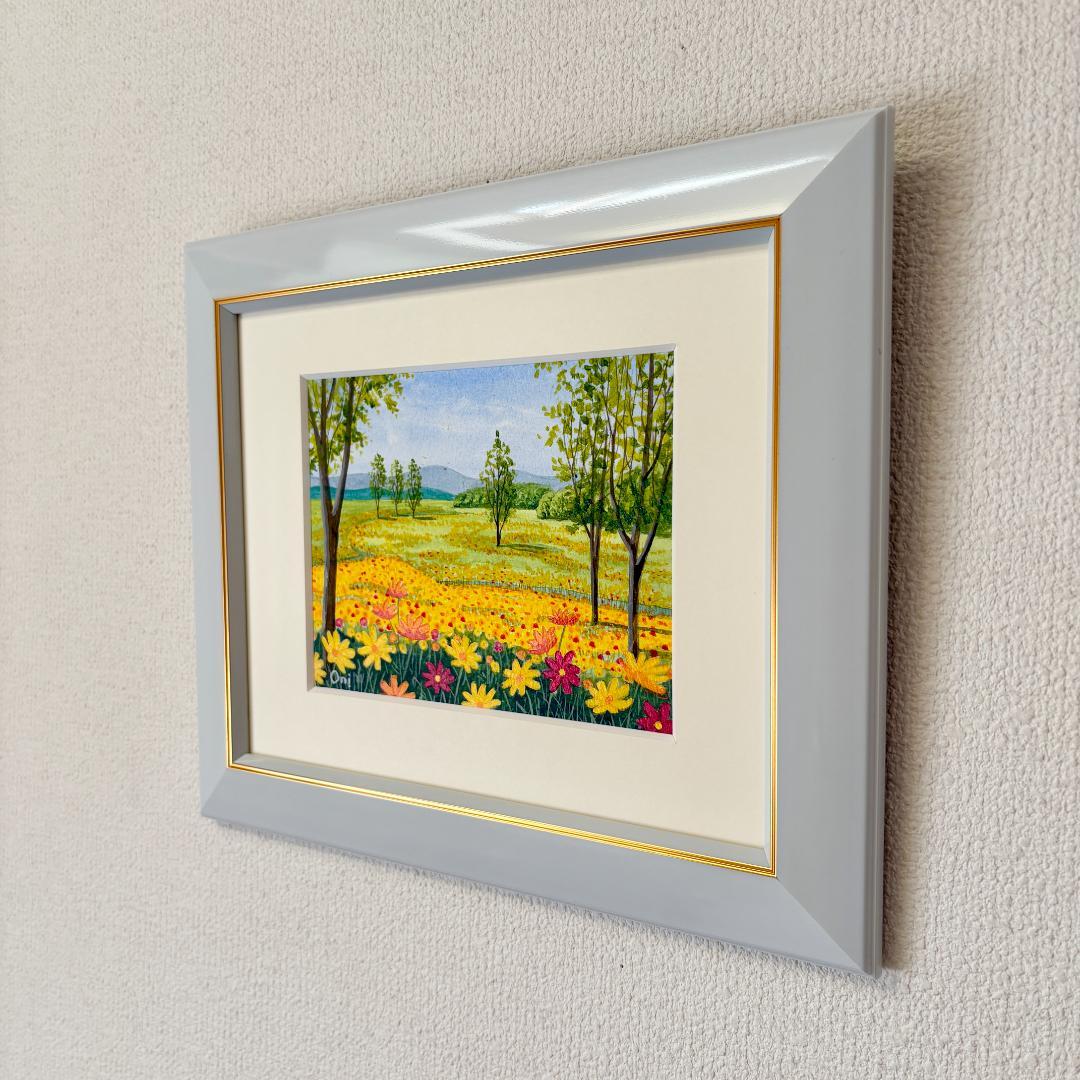 アクリル画　原画　「キバナコスモスのフィールド07」額縁付き　F0サイズ　風景画