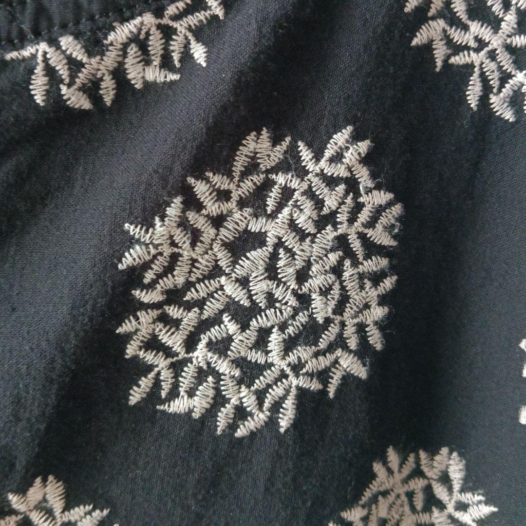 【パドカレ】美品 綿麻大玉リーフレースワンピース ブラック 36 半袖 刺繍