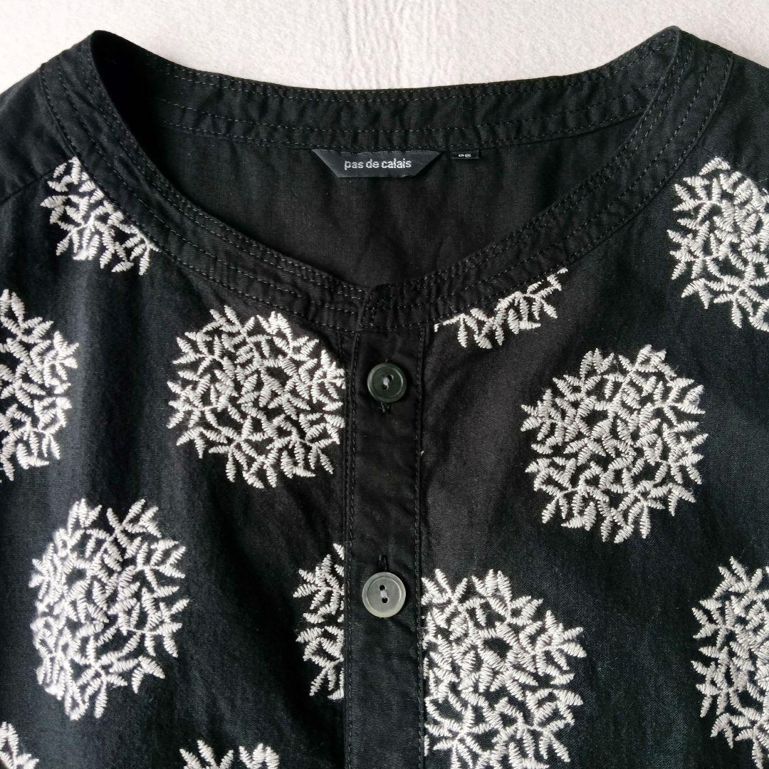 【パドカレ】美品 綿麻大玉リーフレースワンピース ブラック 36 半袖 刺繍