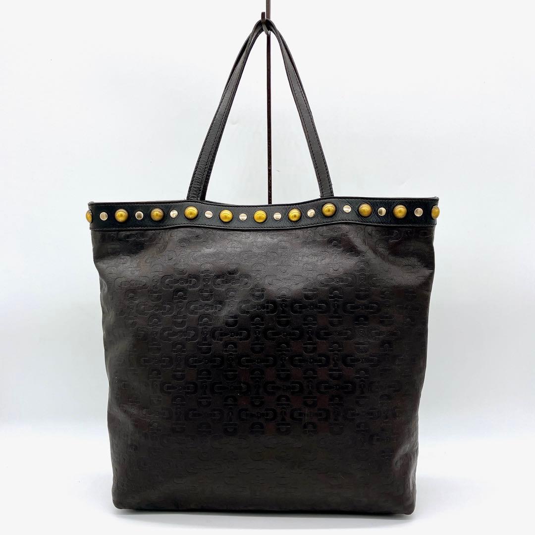 【GUCCI】トートバッグ　ホースビット型押し　スタッズ　レザー　ダークブラウン