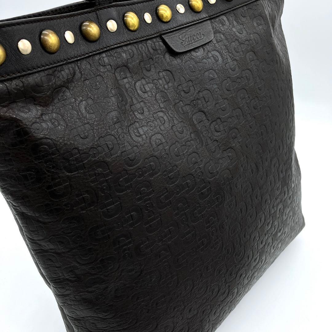 【GUCCI】トートバッグ　ホースビット型押し　スタッズ　レザー　ダークブラウン