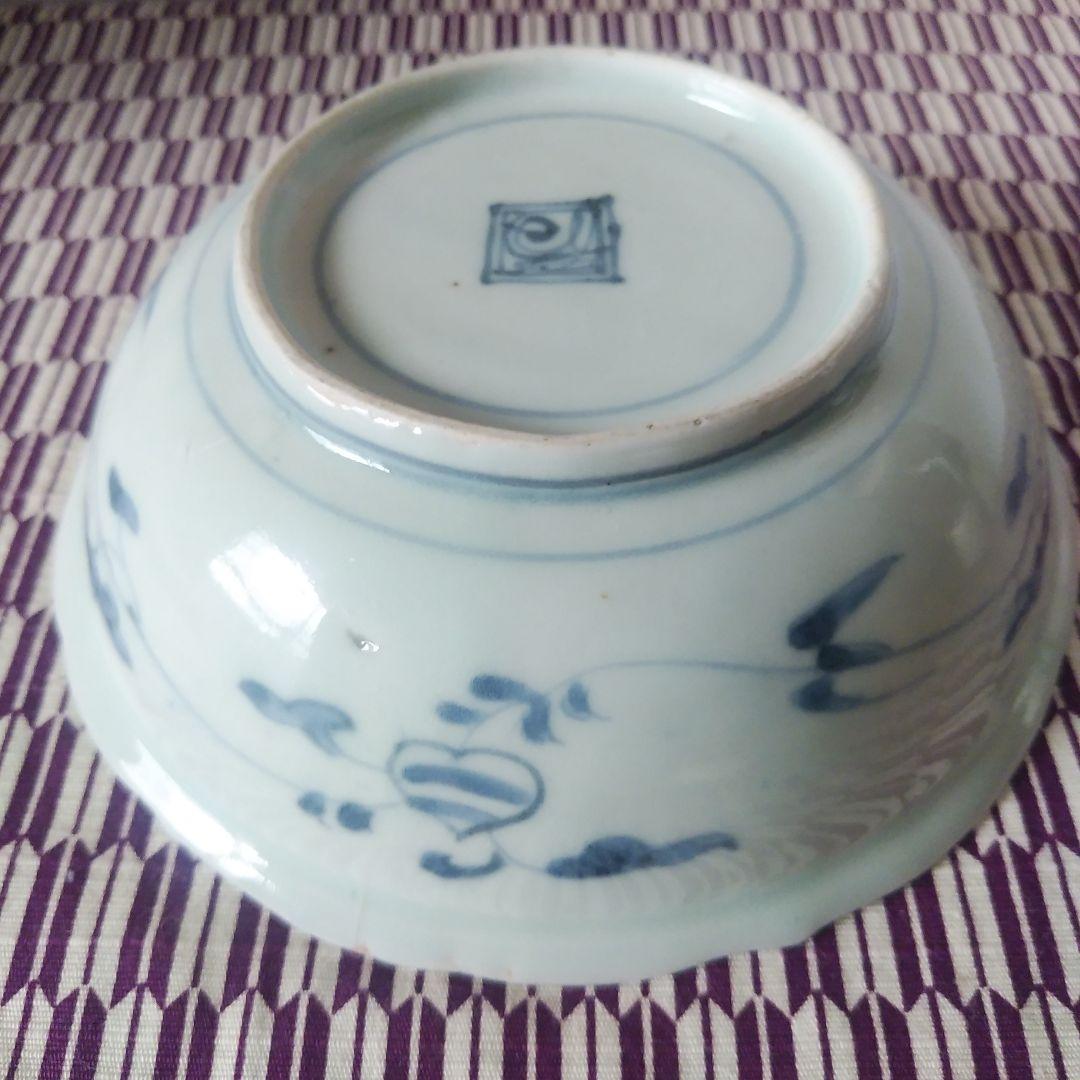 古伊万里 染付 芙蓉手 山水文輪花深皿 二重角渦福 宝珠 古染付 アンティーク