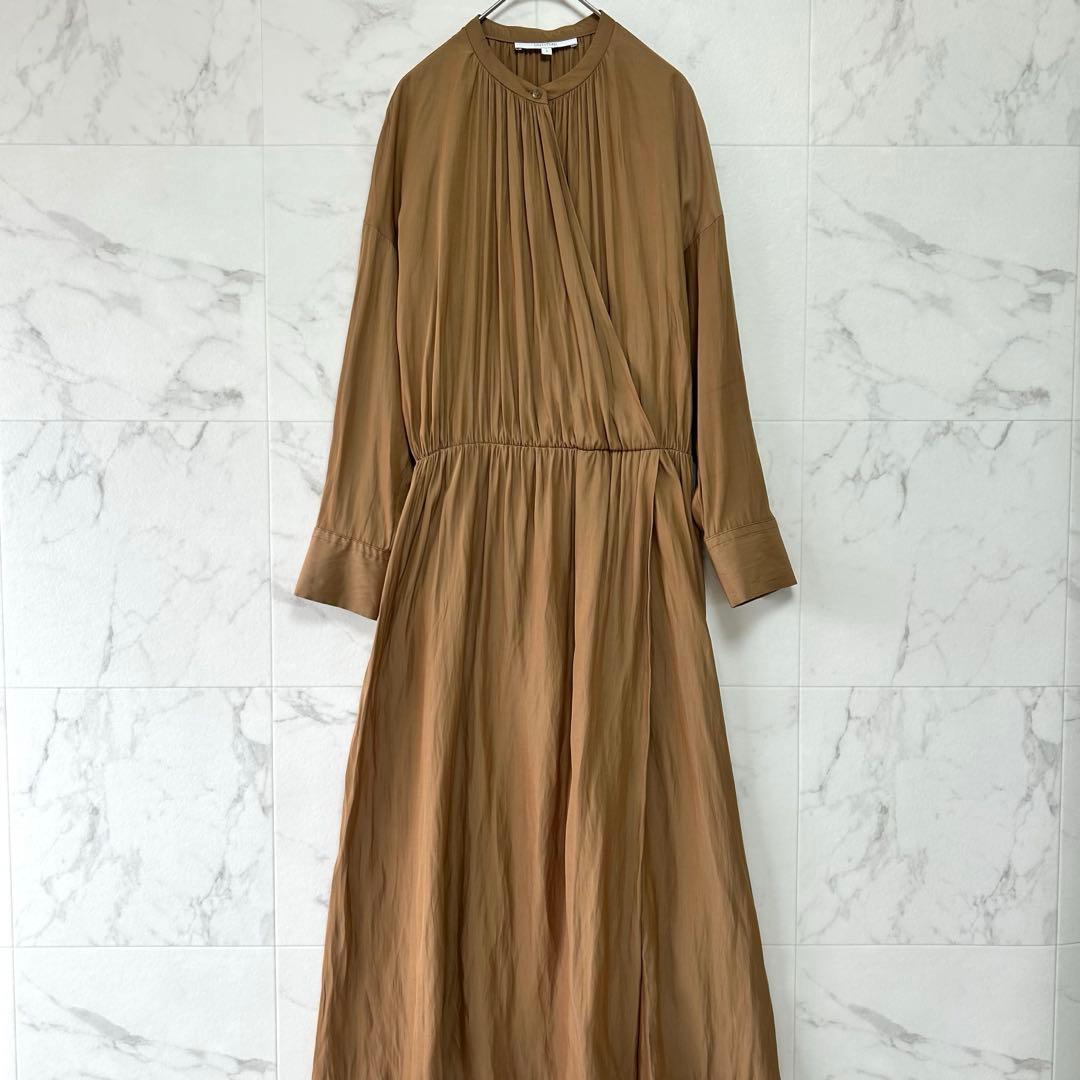 【UNTITLED】カシュクール風　長袖ワンピ　ウエストゴム　ブラウンベージュM